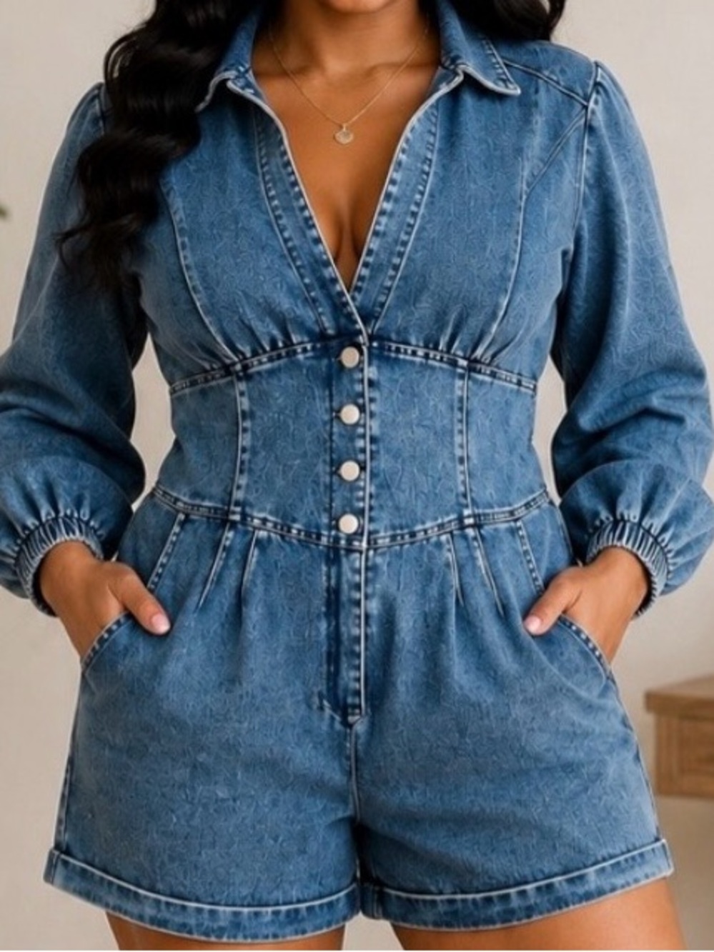 One & Only Collective Denim Romper Women’s Lg Blue Button Front Long Sleeve NWT